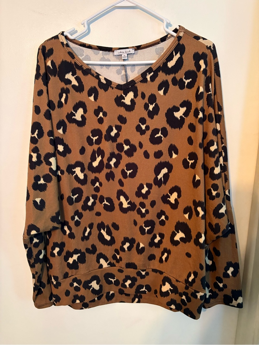 XL White Birch Animal Print V-Neck Women’s Top in Brown